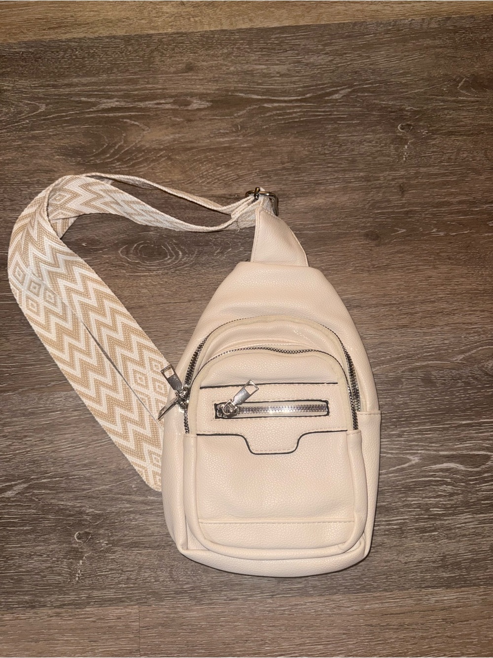 Cream Leather Crossbody Sling Bag with Patterned Strap